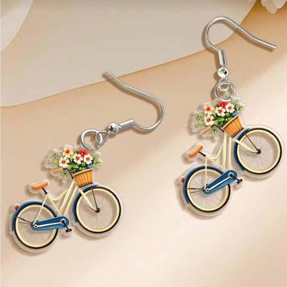 Whimsical Bicycle Flower Basket Earrings - Blue and Cream